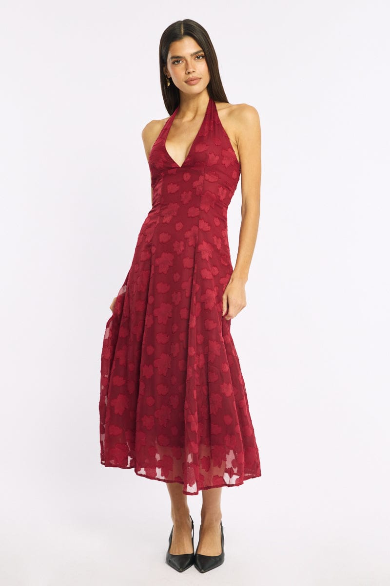 Red Halter Neck Midi Dress for Ally Fashion