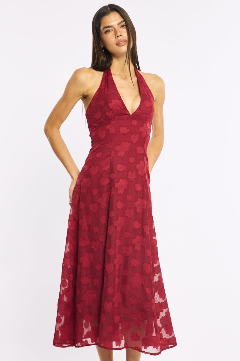 Red Halter Neck Midi Dress for Ally Fashion