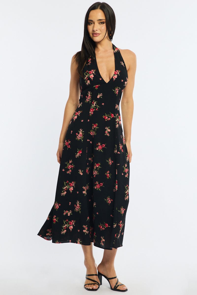 Black Floral Halter Neck Midi Dress for Ally Fashion