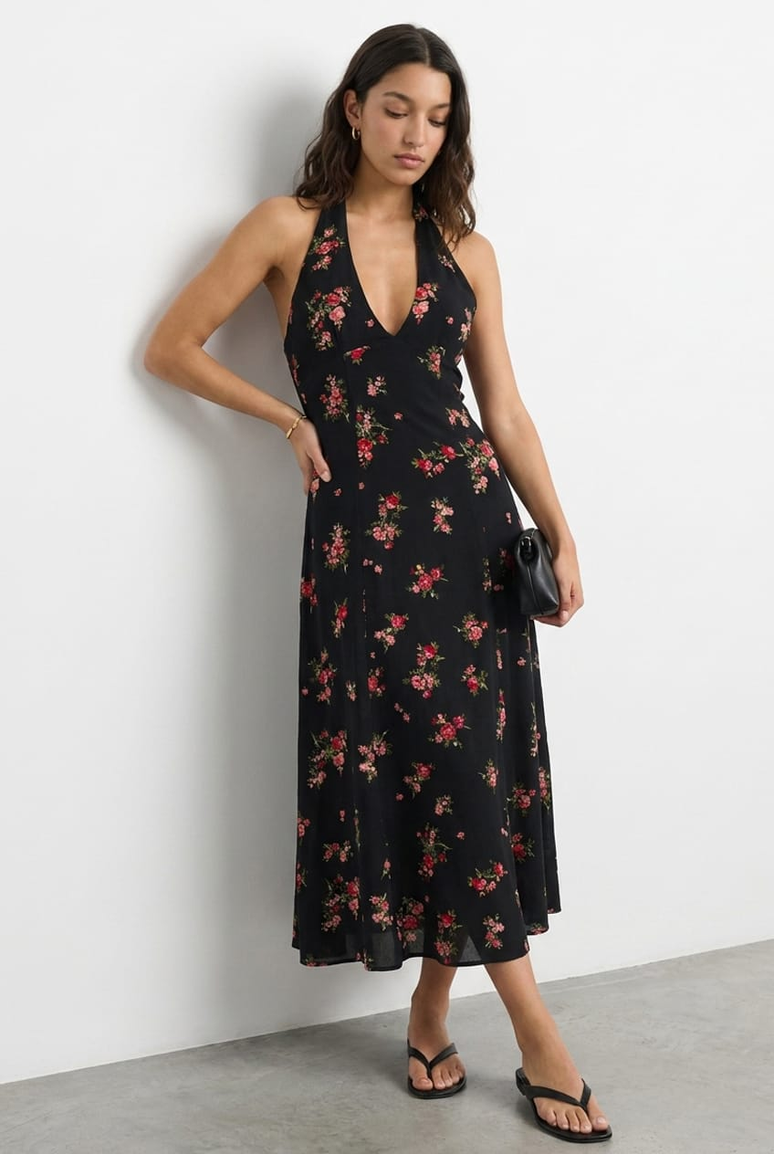 Black Floral Halter Neck Midi Dress for Ally Fashion