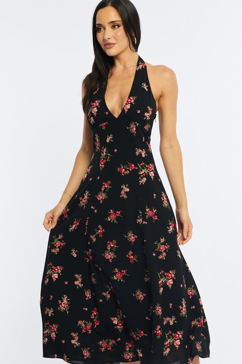 Black Floral Halter Neck Midi Dress for Ally Fashion