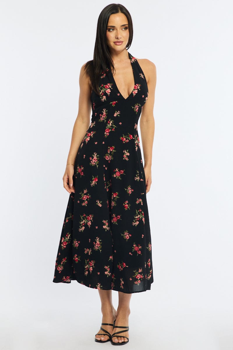 Black Floral Halter Neck Midi Dress for Ally Fashion