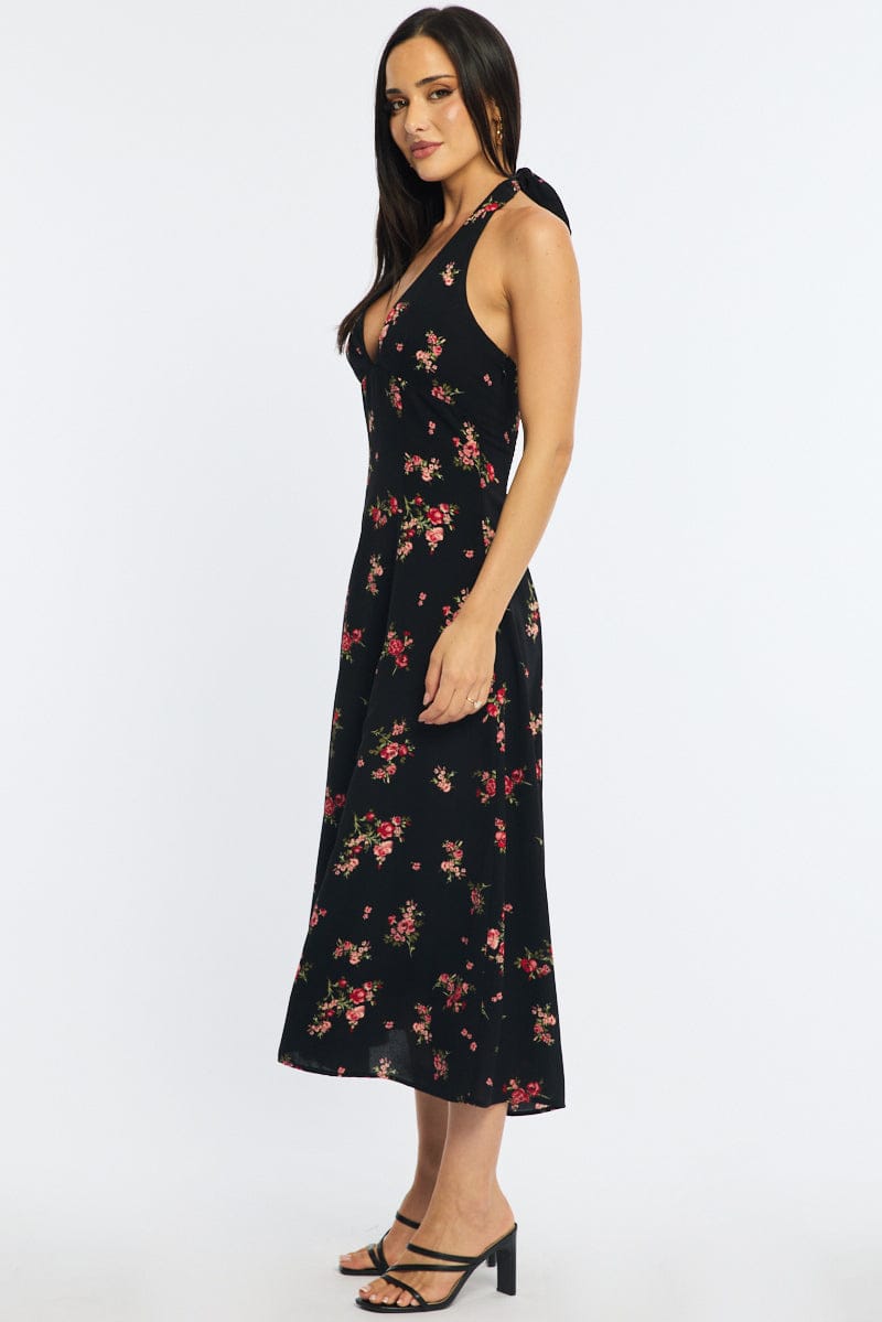 Black Floral Halter Neck Midi Dress for Ally Fashion