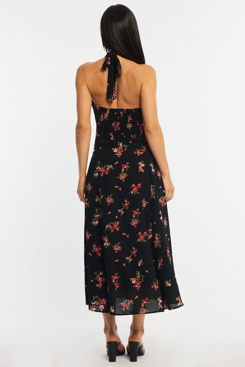 Black Floral Halter Neck Midi Dress for Ally Fashion