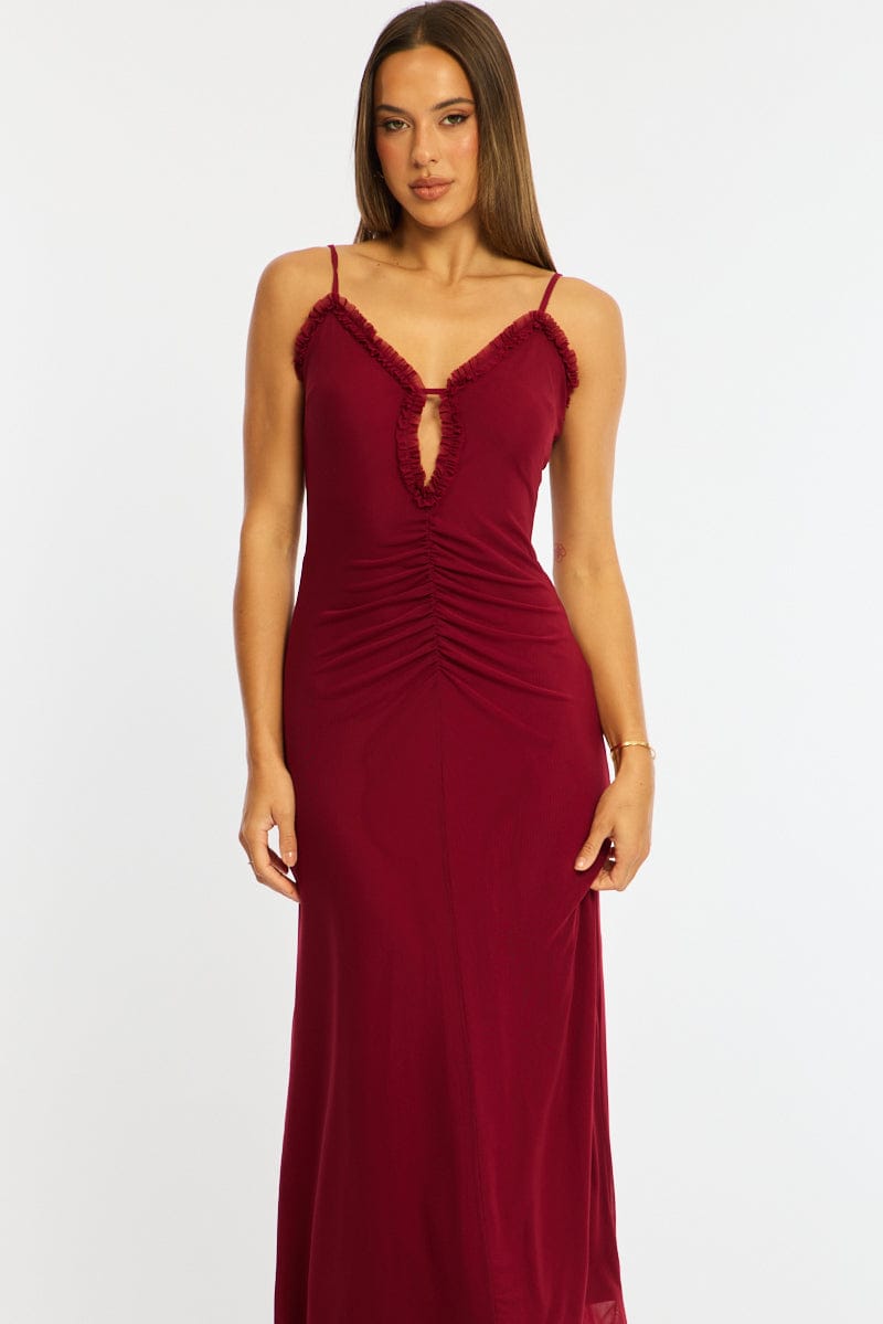 Red Maxi Dress Cut Out Detail Mesh for Ally Fashion