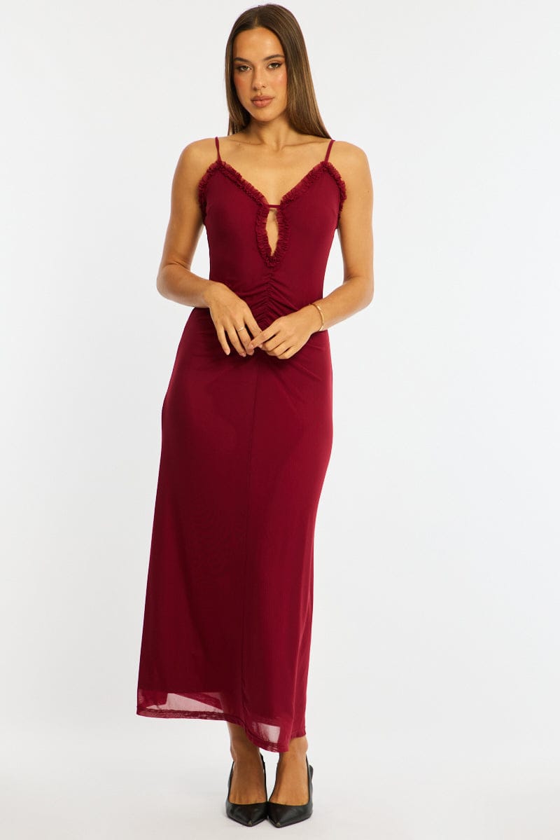 Red Maxi Dress Cut Out Detail Mesh for Ally Fashion