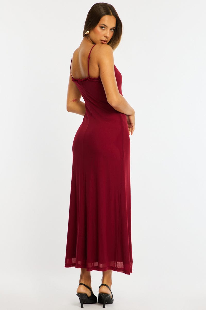 Red Maxi Dress Cut Out Detail Mesh for Ally Fashion