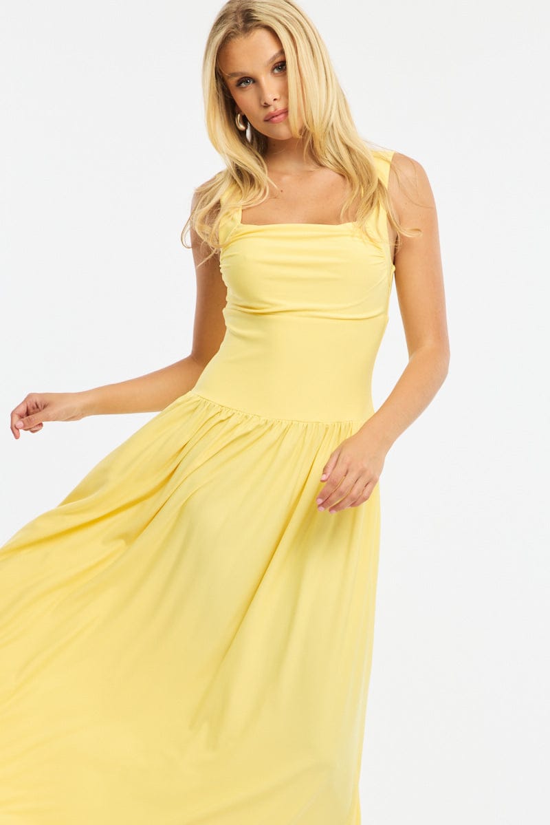 Yellow Maxi Dress Square Neck for Ally Fashion