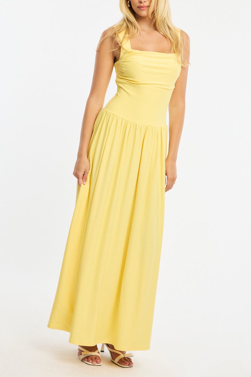 Yellow Maxi Dress Square Neck for Ally Fashion