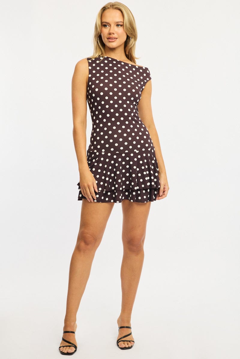 Brown Polka Dot Mini Dress Off Shoulder Mesh