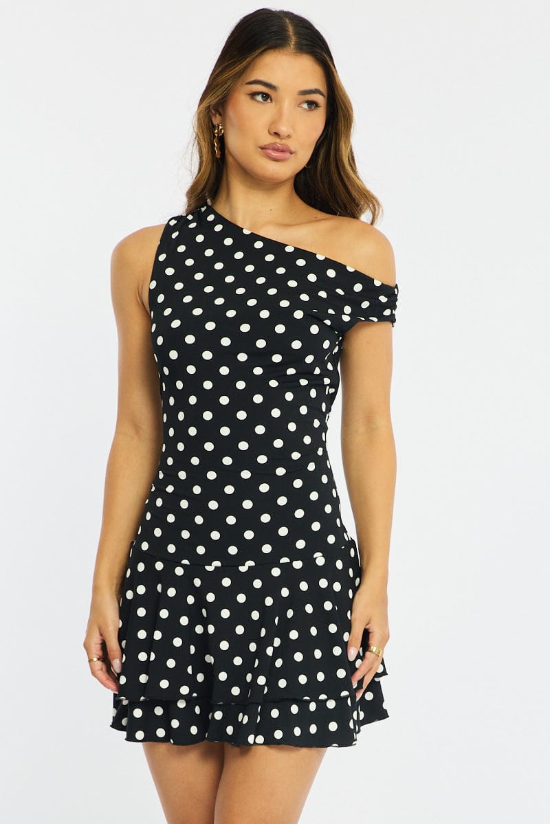 Black Polka Dot Mini Dress Off Shoulder | Ally Fashion Black Polka Dot Mini Dress Off Shoulder | Ally Fashion