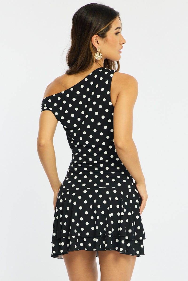 Black Polka Dot Mini Dress Off Shoulder