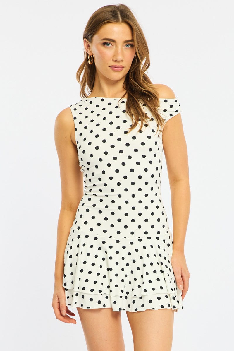 White Polka Dot Mini Dress Off Shoulder for Ally Fashion