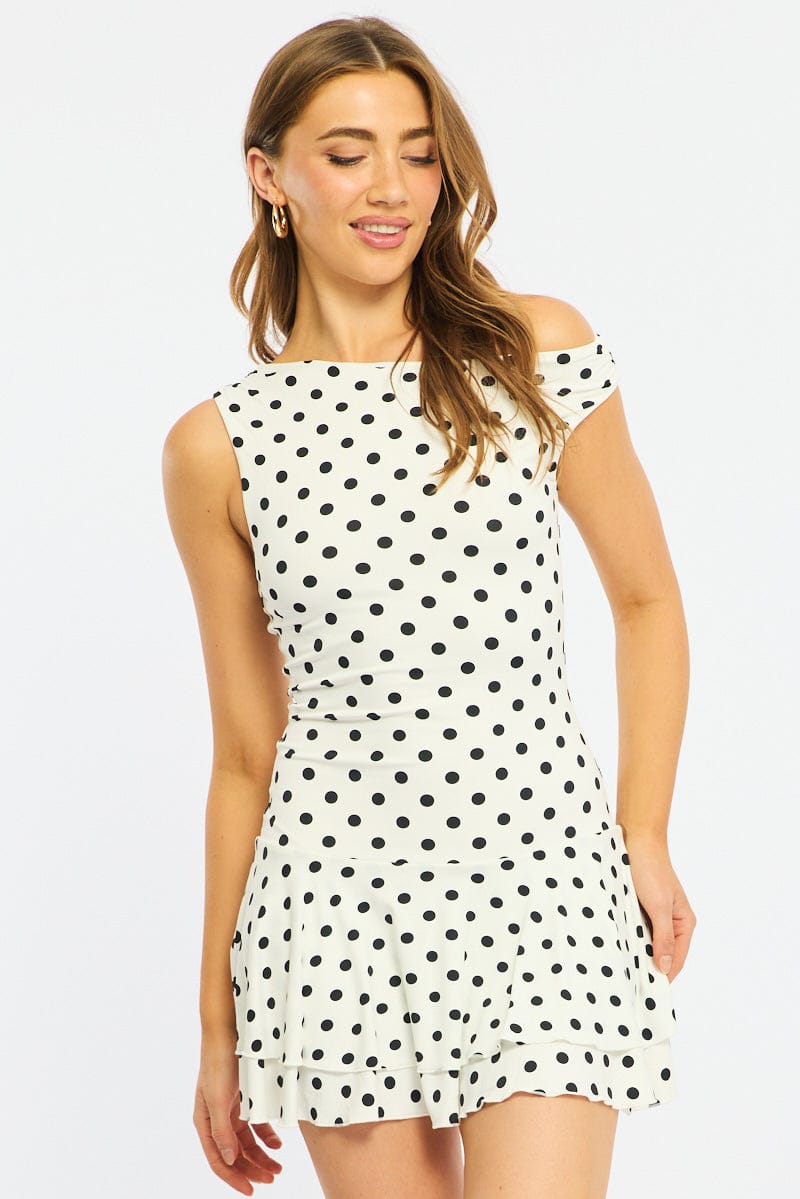 White Polka Dot Mini Dress Off Shoulder | Ally Fashion White Polka Dot Mini Dress Off Shoulder | Ally Fashion