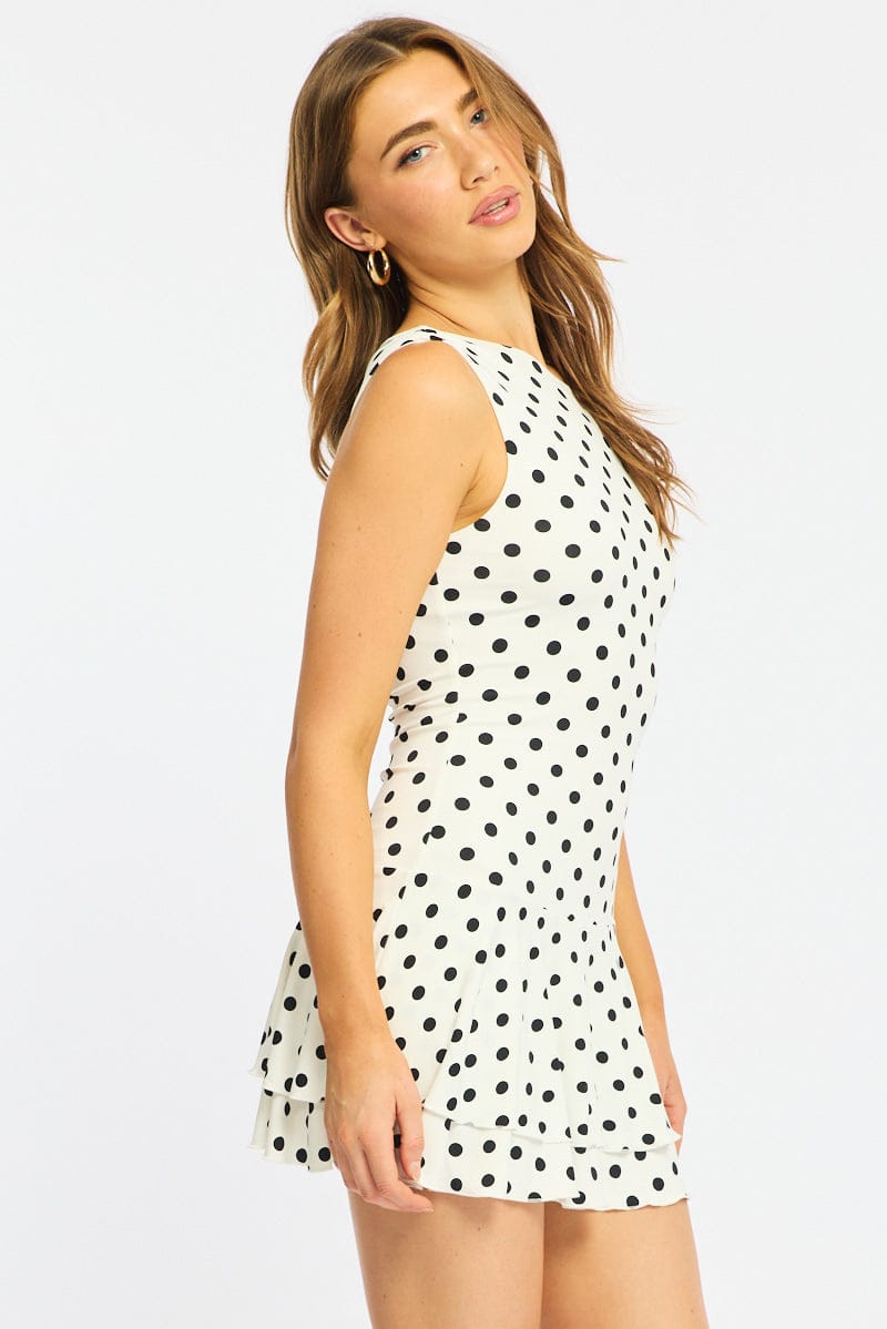 White Polka Dot Mini Dress Off Shoulder for Ally Fashion