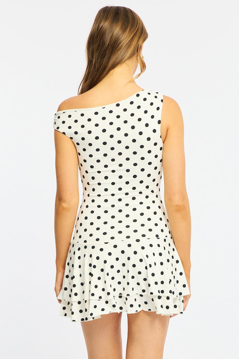 White Polka Dot Mini Dress Off Shoulder for Ally Fashion