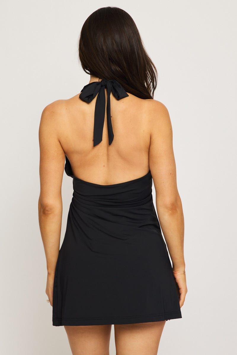 Black Mini Dress Halter Neck Wrap for Ally Fashion