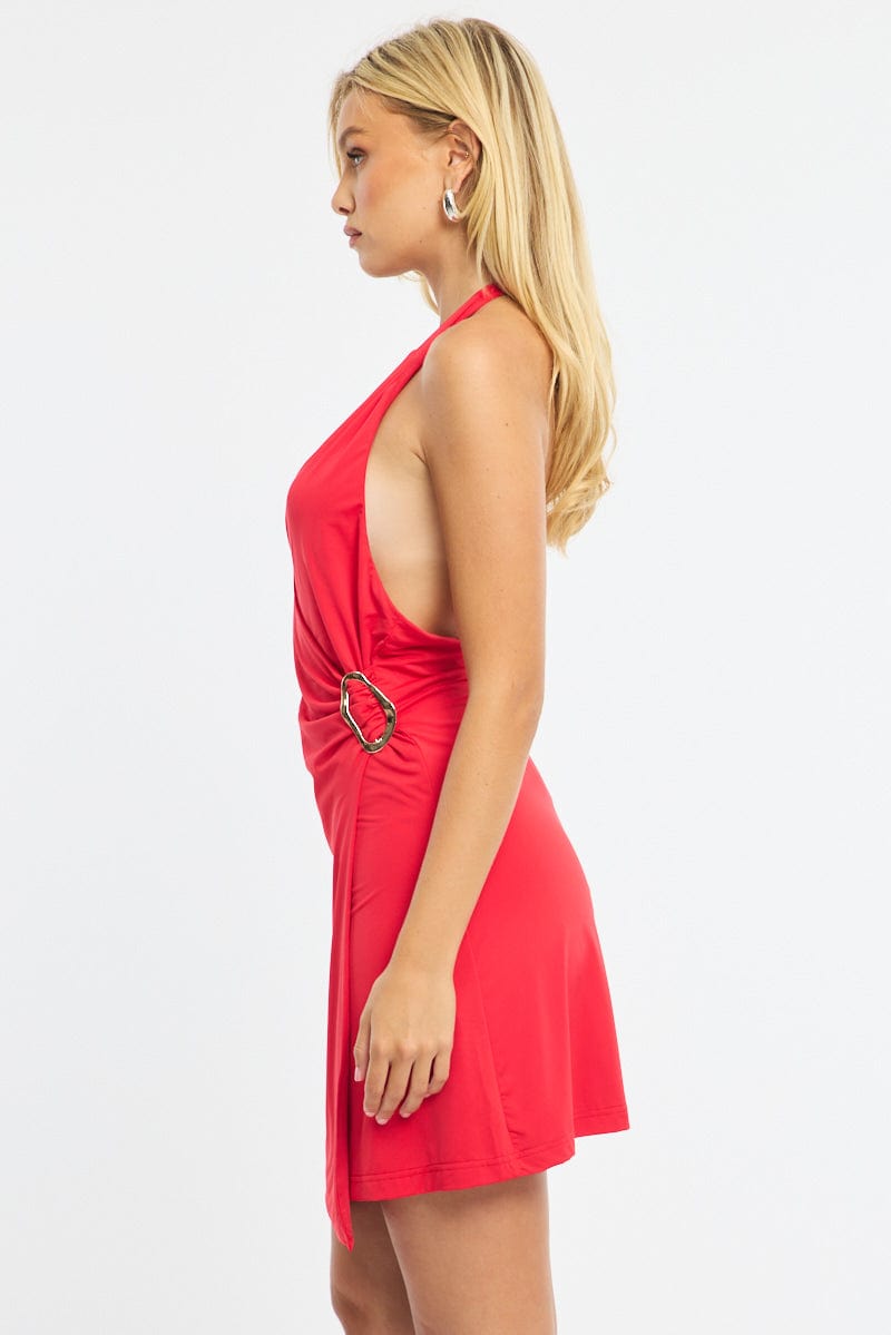 Red Mini Dress Halter Neck Wrap for Ally Fashion