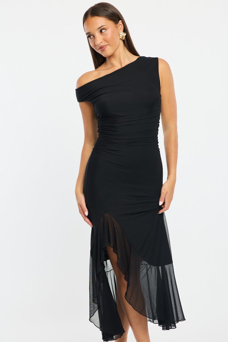 Black Maxi Dress Asymmetric Shoulder Mesh for Ally Fashion