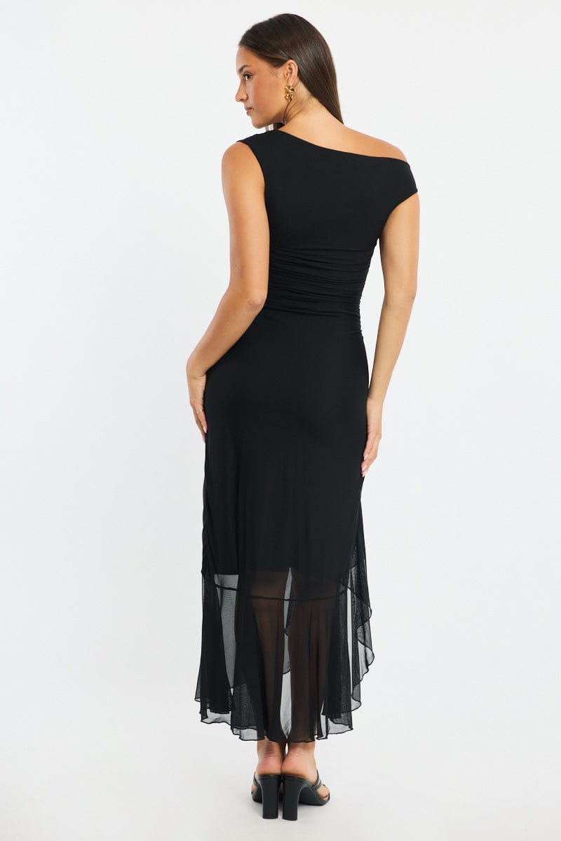Black Maxi Dress Asymmetric Shoulder Mesh for Ally Fashion