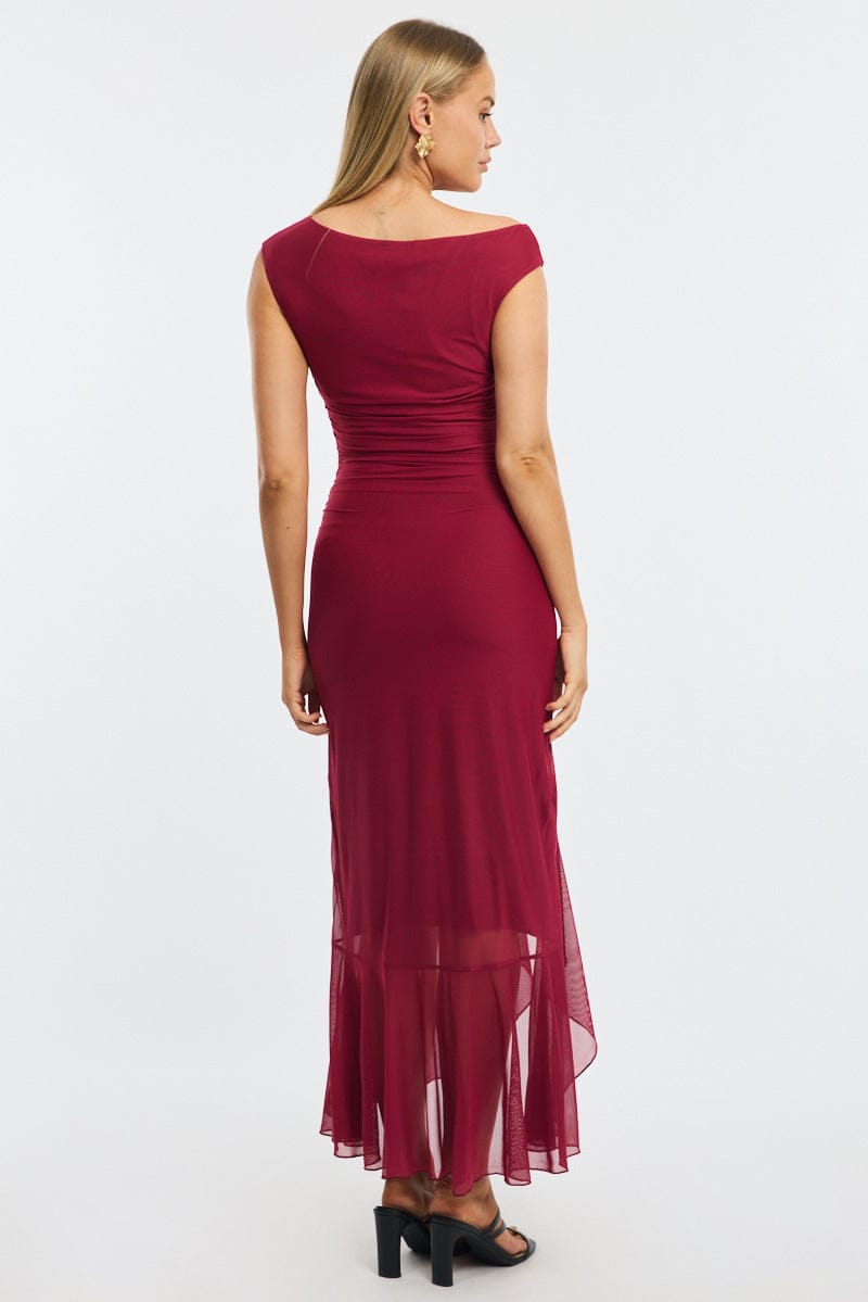 Red Maxi Dress Asymmetric Shoulder Mesh for Ally Fashion
