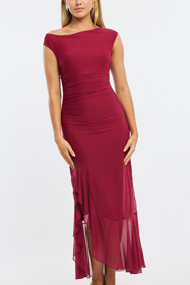 Red Maxi Dress Asymmetric Shoulder Mesh for Ally Fashion