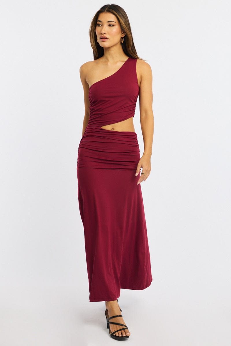 Red One Shoulder Dress Cut Out Detail for Ally Fashion