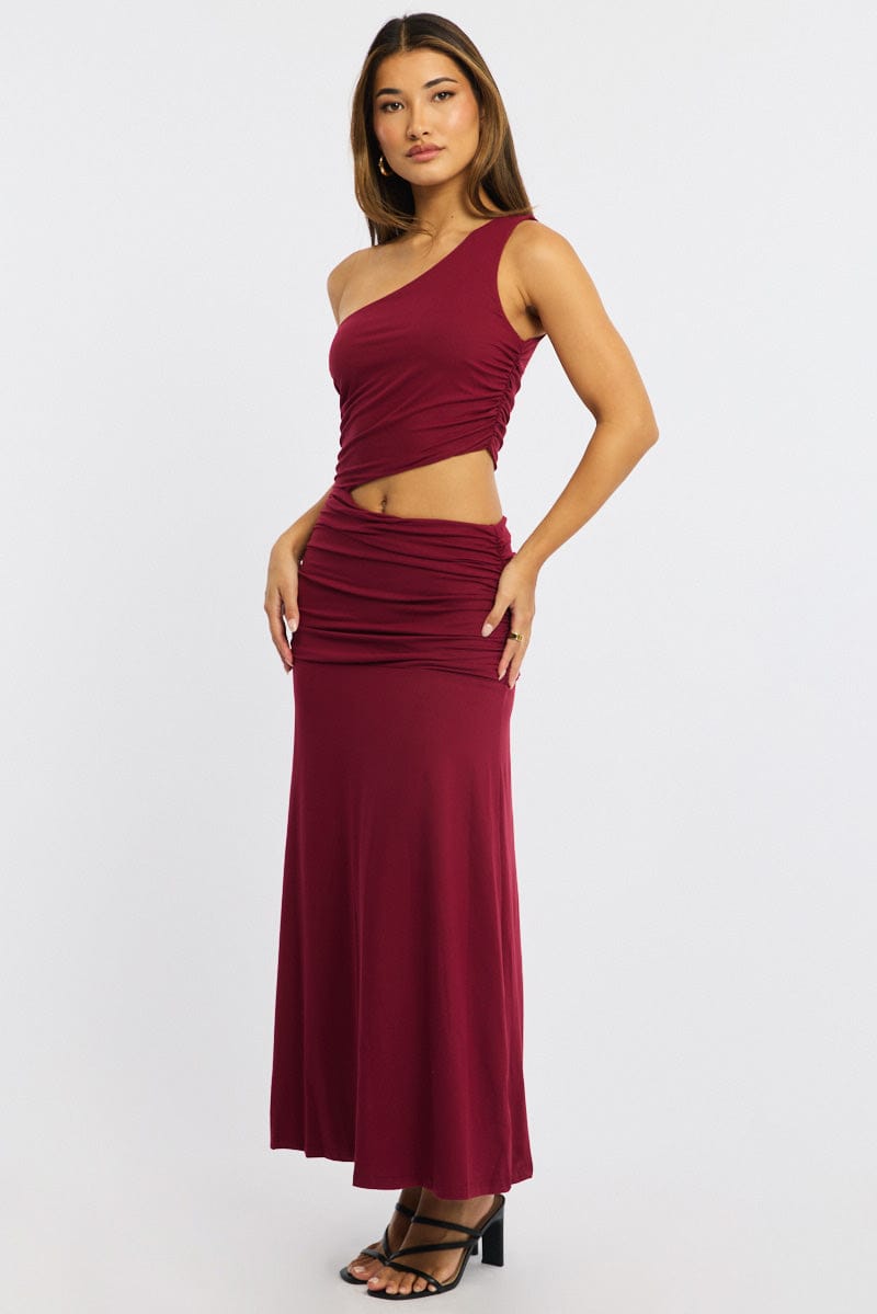 Red One Shoulder Dress Cut Out Detail for Ally Fashion