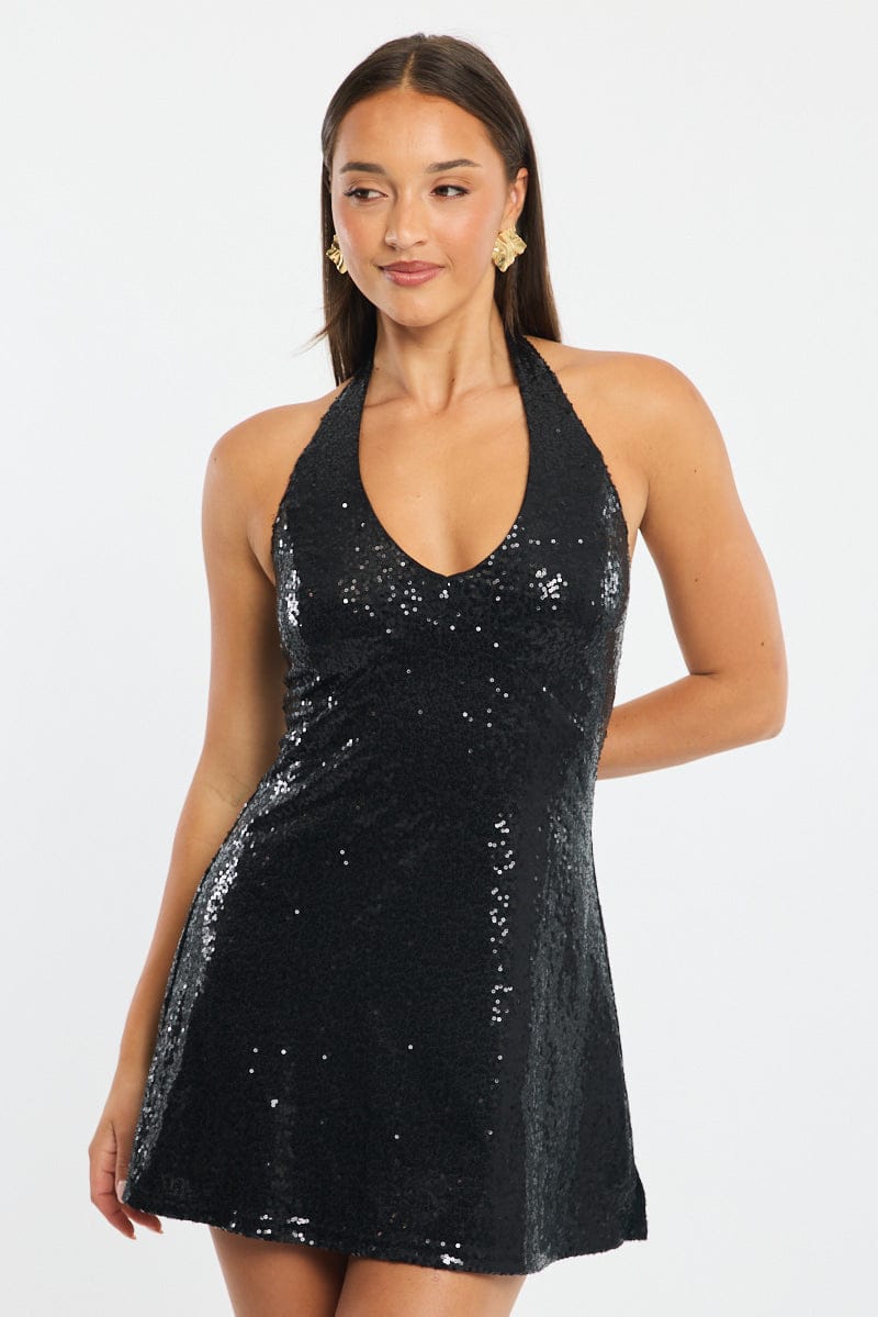 Black Mini Dress Halter Neck Sequin