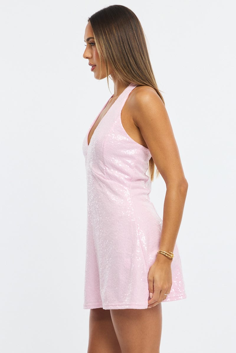 Pink Mini Dress Halter Neck Sequin for Ally Fashion