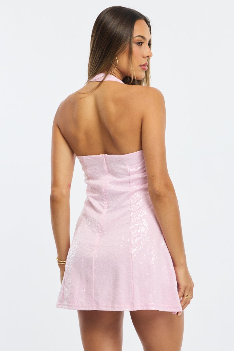 Pink Mini Dress Halter Neck Sequin for Ally Fashion