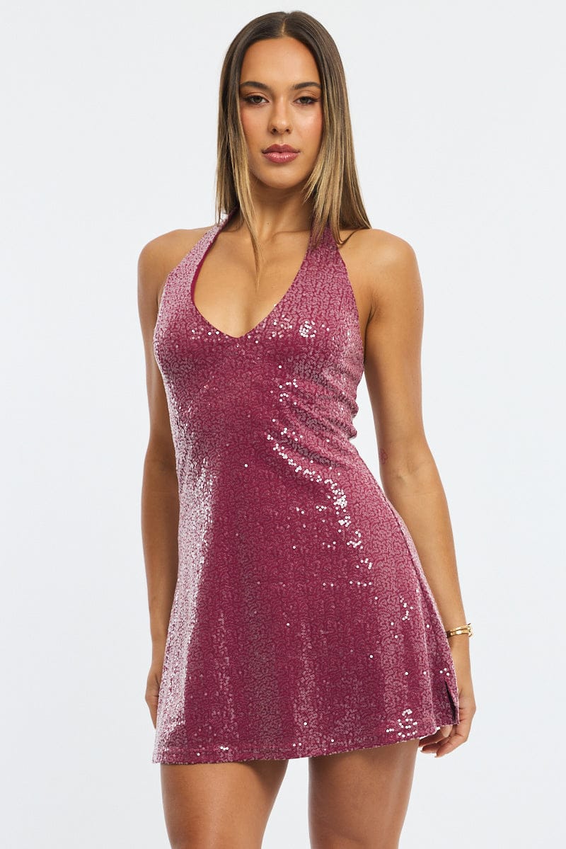 Red Mini Dress Halter Neck Sequin | Ally Fashion Red Mini Dress Halter Neck Sequin | Ally Fashion