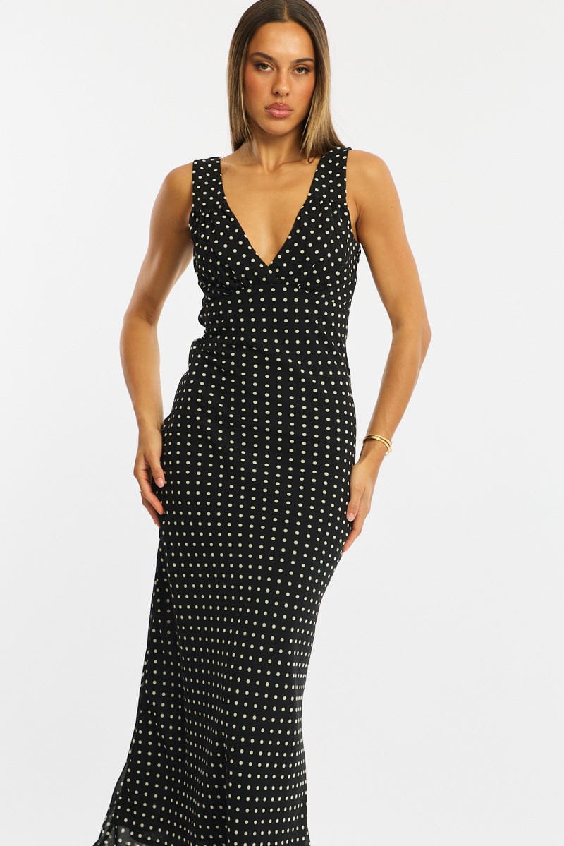 Black Polka Dot Maxi Dress V-neck Chiffon for Ally Fashion