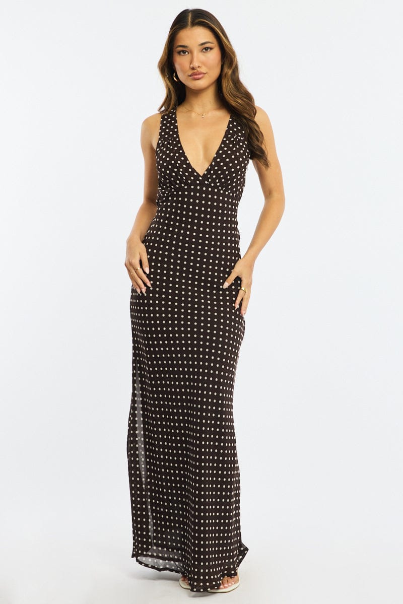 Brown Polka Dot Maxi Dress V-neck Chiffon for Ally Fashion