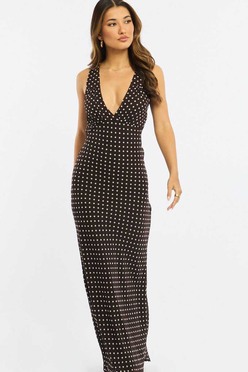 Brown Polka Dot Maxi Dress V-neck Chiffon for Ally Fashion