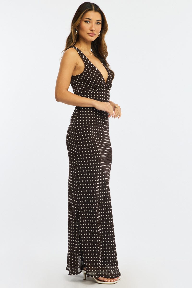 Brown Polka Dot Maxi Dress V-neck Chiffon for Ally Fashion