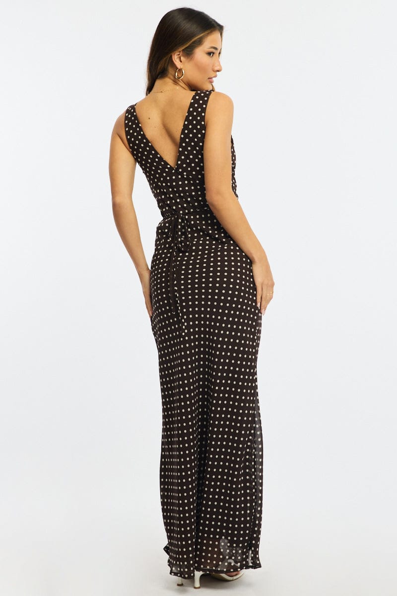 Brown Polka Dot Maxi Dress V-neck Chiffon for Ally Fashion