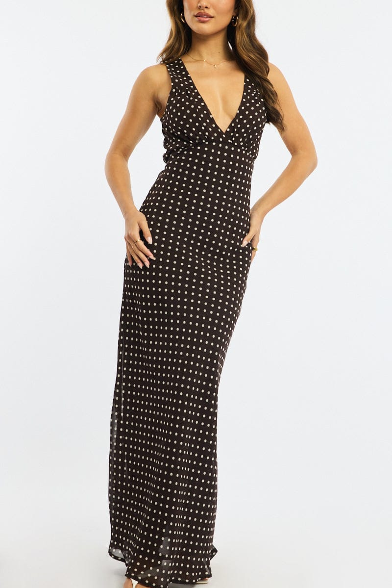 Brown Polka Dot Maxi Dress V-neck Chiffon for Ally Fashion