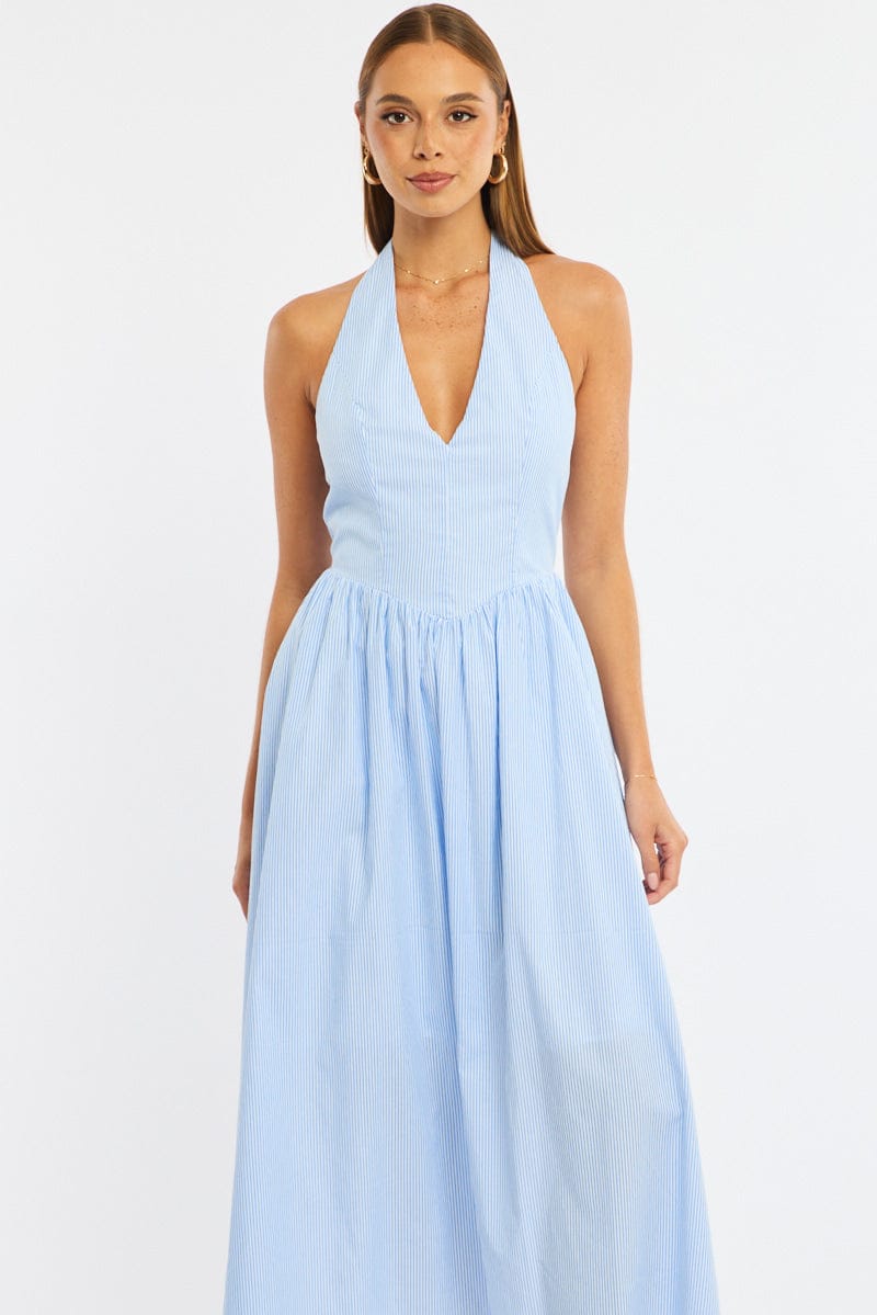Blue Stripe Halter Neck Dress for Ally Fashion