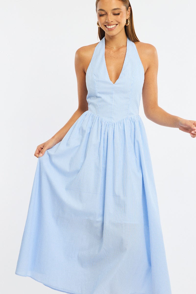 Blue Stripe Halter Neck Dress | Ally Fashion Blue Stripe Halter Neck Dress | Ally Fashion
