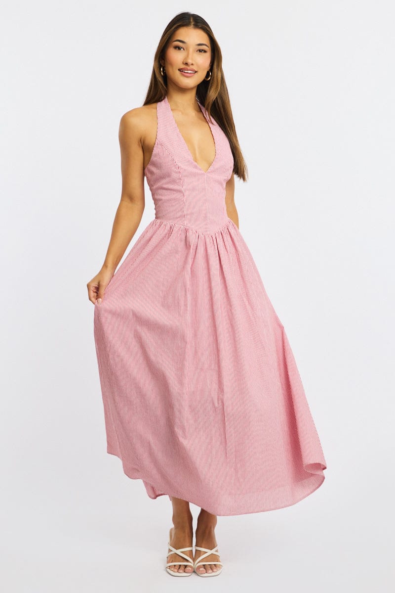 Yellow Stripe Halter Neck Dress for Ally Fashion
