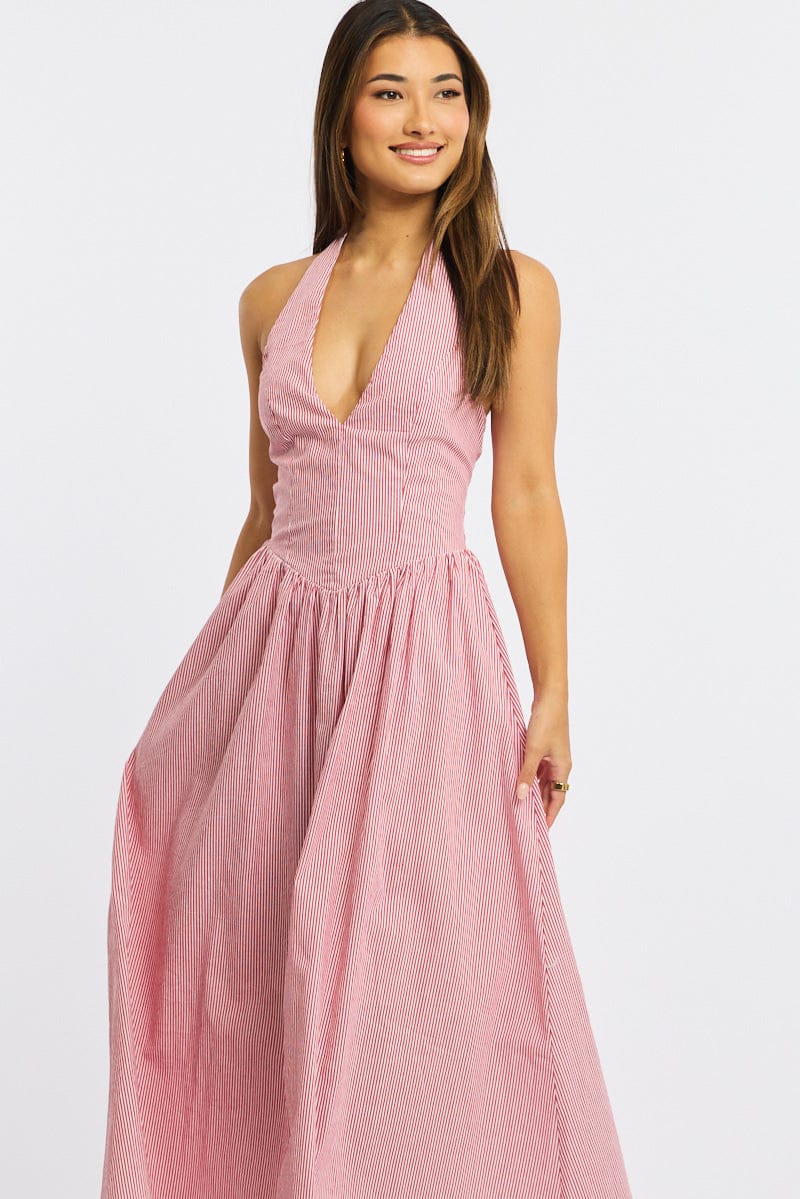 Yellow Stripe Halter Neck Dress for Ally Fashion