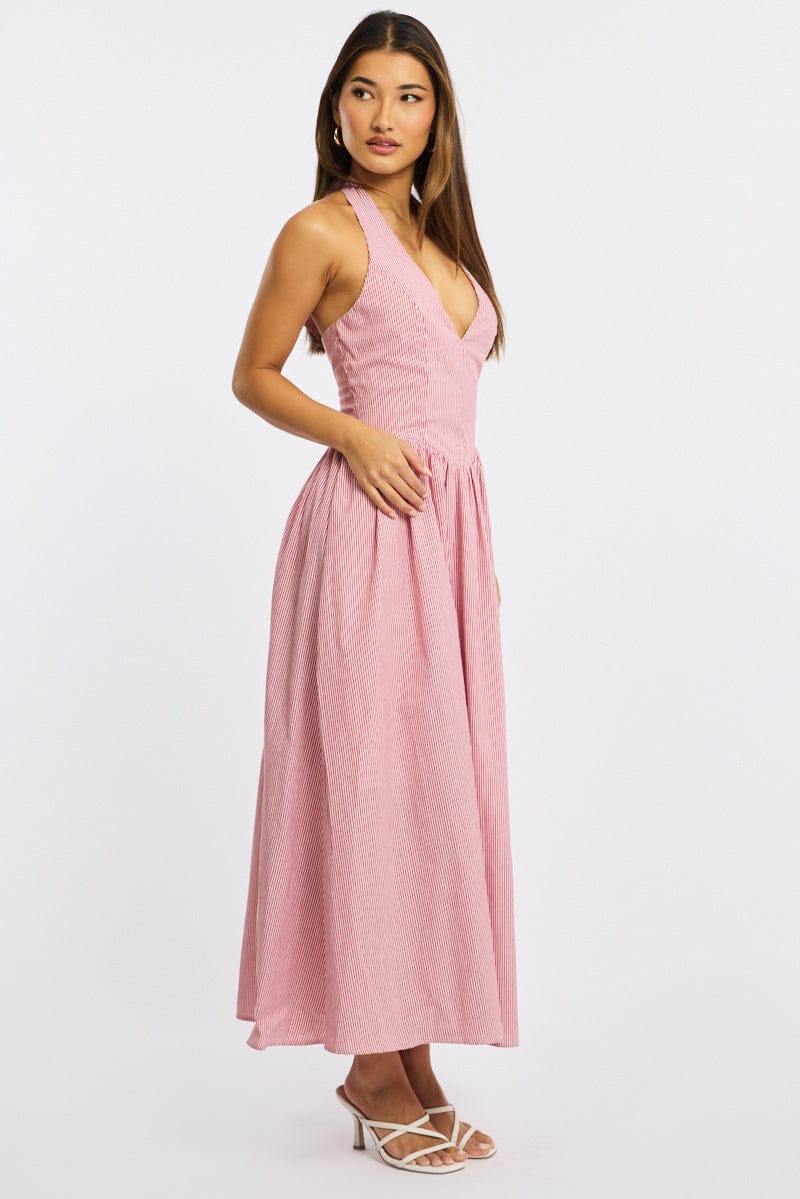 Yellow Stripe Halter Neck Dress for Ally Fashion