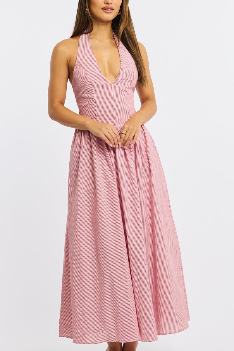 Red Stripe Halter Neck Dress | Ally Fashion