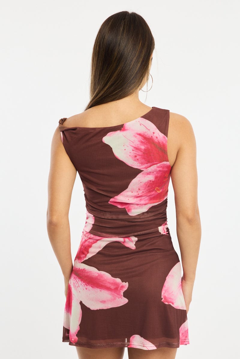 Brown Floral Mini Dress Off Shoulder for Ally Fashion