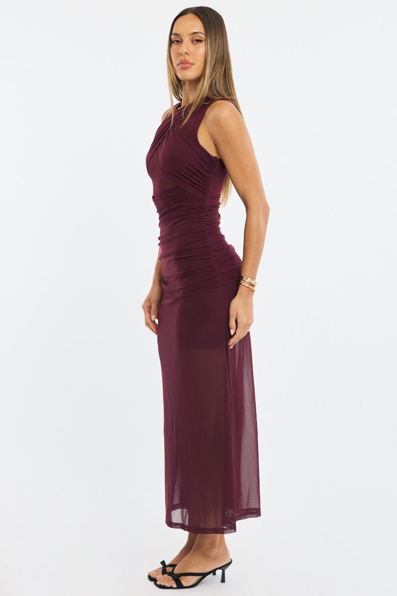 Red Midi Dress Cot Out Detail Mesh for Ally Fashion