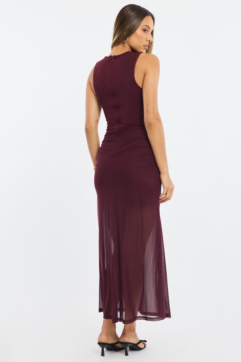 Red Midi Dress Cot Out Detail Mesh for Ally Fashion