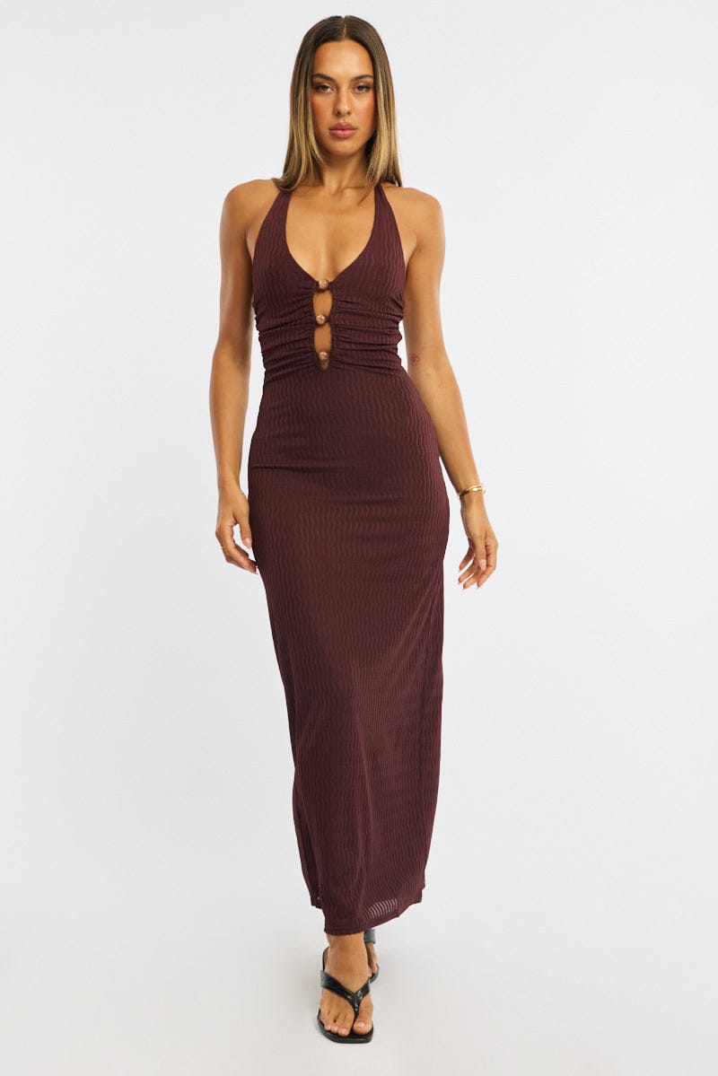 Brown Maxi Dress Beading Trim Textured Fabric for Ally Fashion