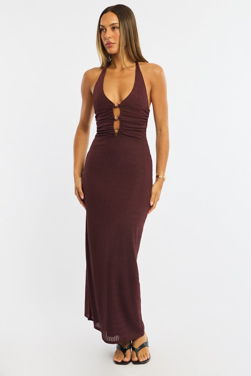 Brown Maxi Dress Beading Trim Textured Fabric for Ally Fashion
