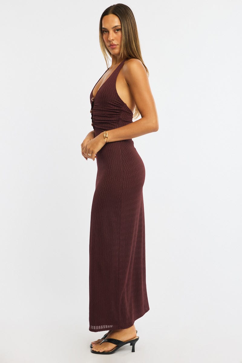 Brown Maxi Dress Beading Trim Textured Fabric for Ally Fashion